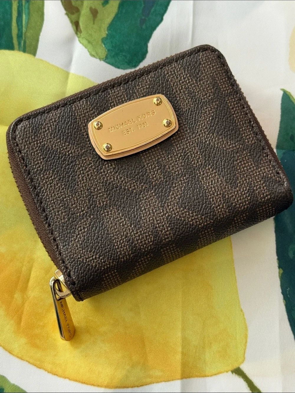 Michael Kors Dark Brown Coated Canvas Zip Card Holder with Gold Plate